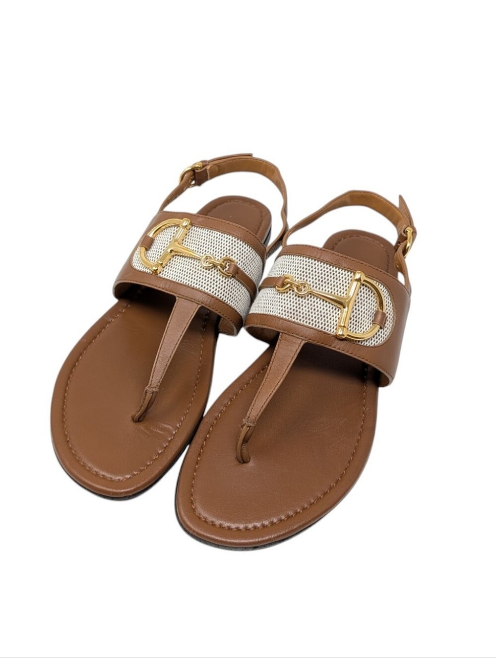 Gucci Alfa Brown Leather Canvas Thong Slingback Sandal Gold Horsebit Size EU 39 - Picture 2 of 10